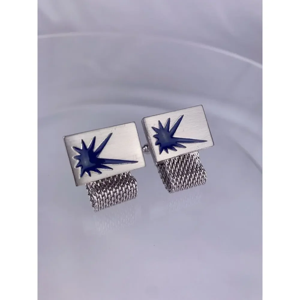 Abstract Comic Book Bubble Mesh Wrap Cufflinks Blue Silver Tone Hickok VTG O1
